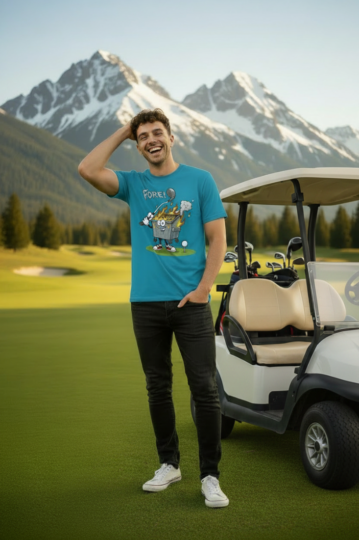 Dumpster fire tee beside golf cart